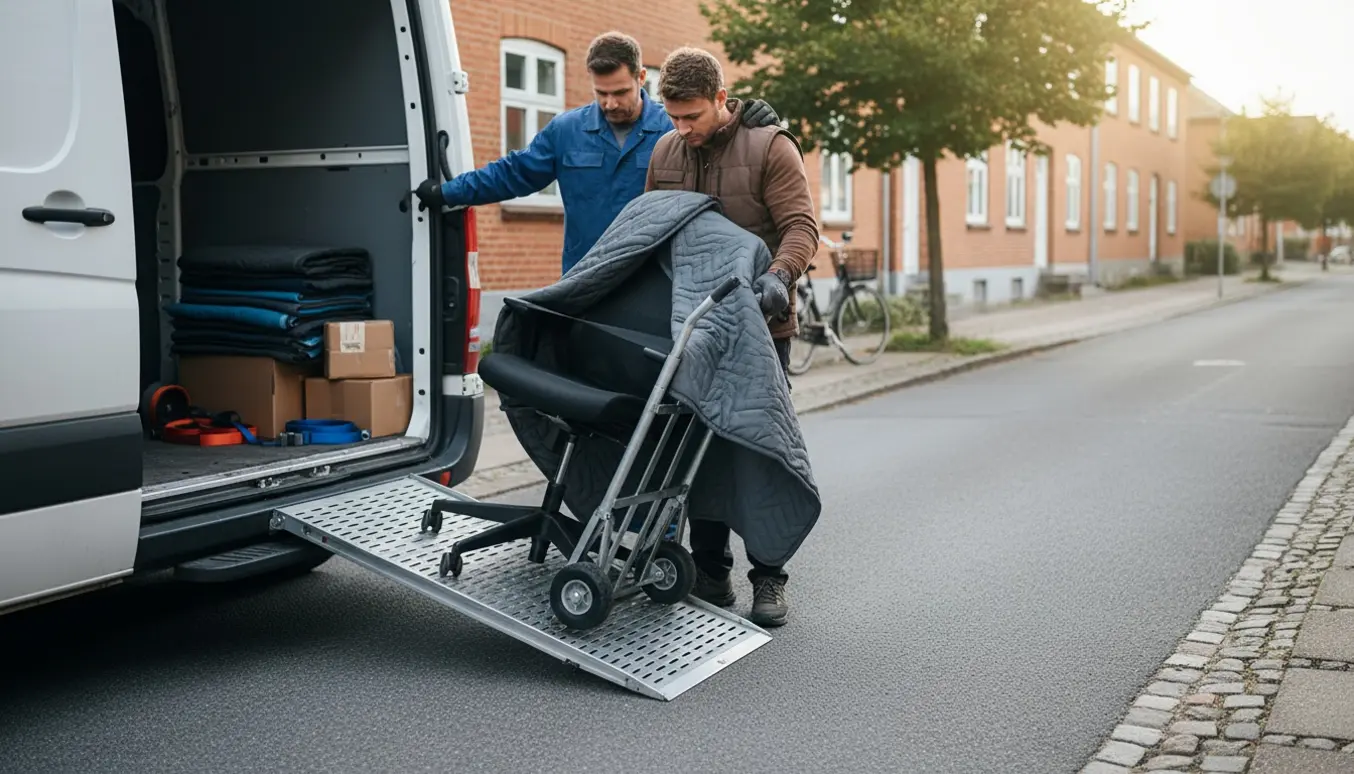 En kontorstol indpakkes og læsses i en flyttevogn på en rolig dansk villavej.