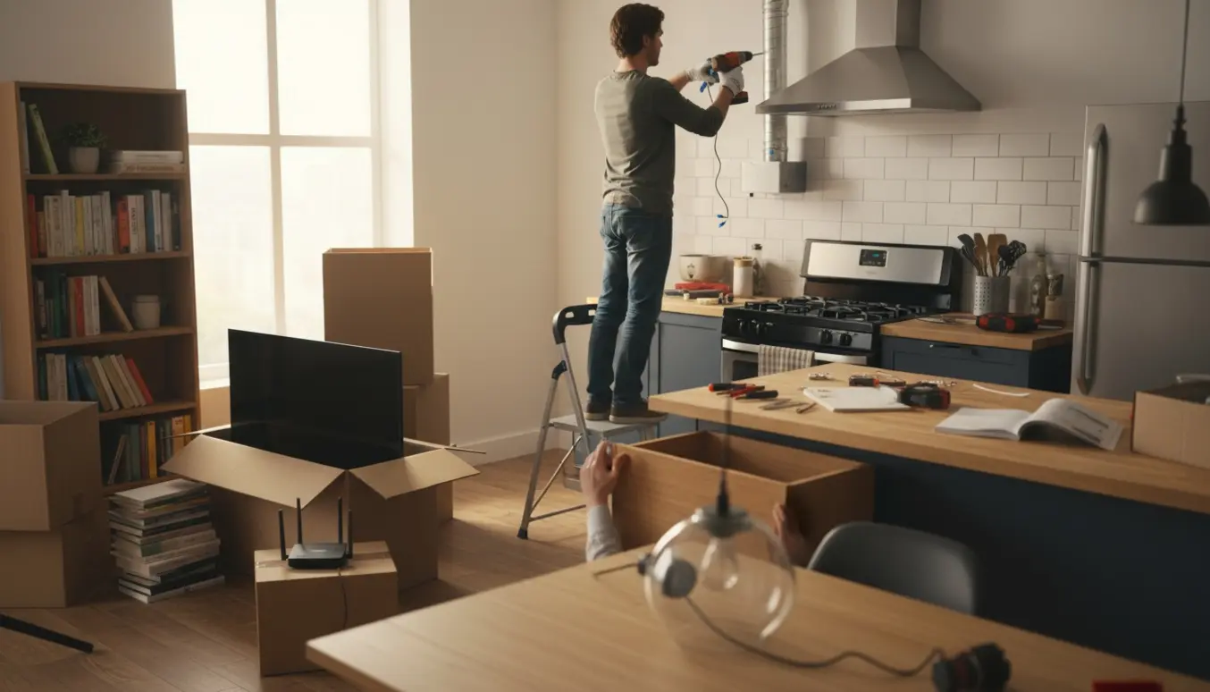 Bagvendt person installerer en ny emhætte i et køkken omgivet af flyttekasser, værktøj og en delvist tømt bogreol.