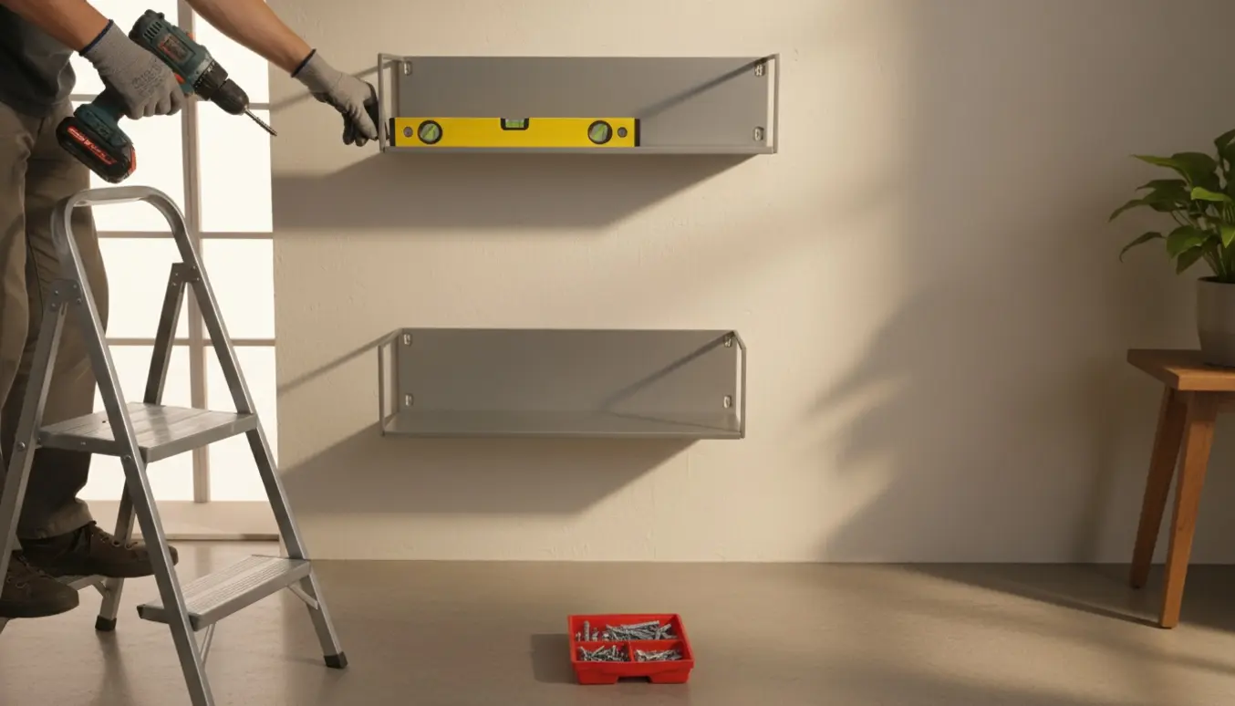 To metalhylder monteres højt på en væg med en stige, boremaskine og skruer.