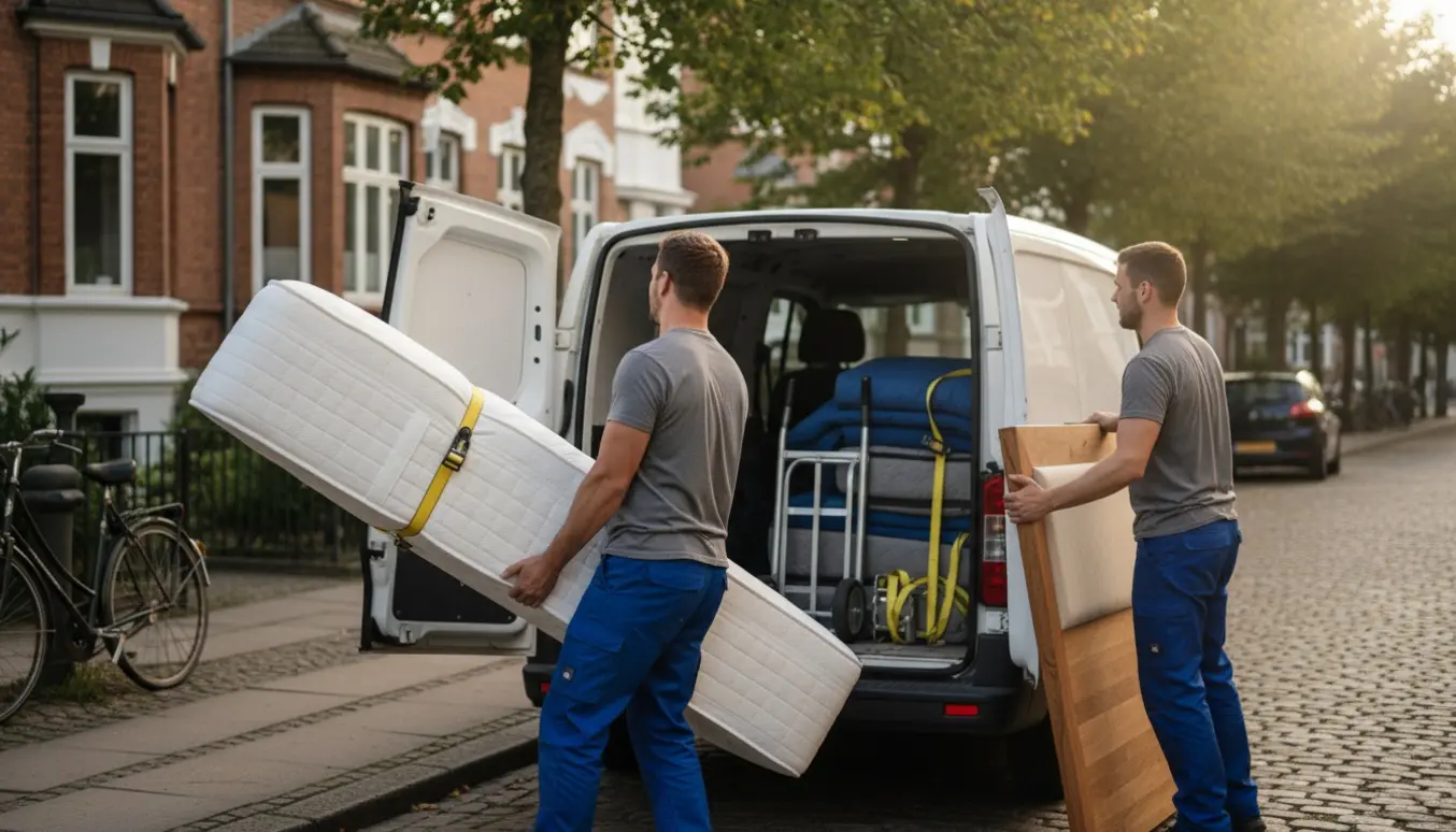 En 160 cm boxmadras og en sengegavl læsses i en flyttebil på en rolig københavnsk villavej.