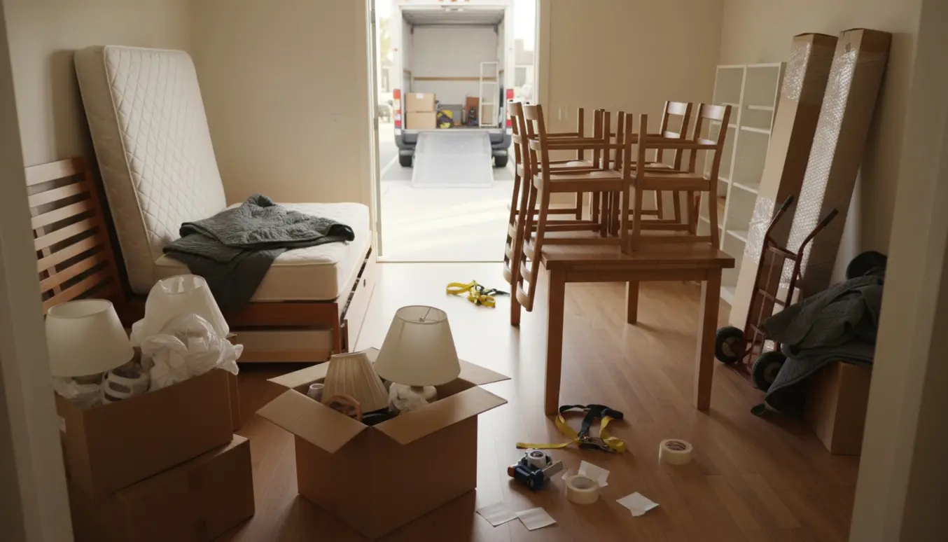 Lys lejlighedsdør med stabler af møbler og flyttekasser klar til ind- eller udlæsning.
