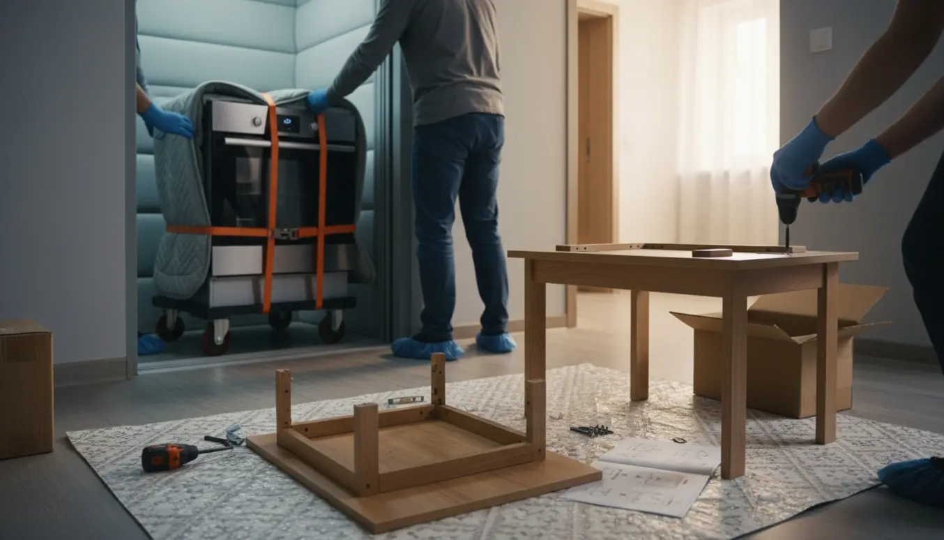 Halvt samlet lille fladpakket bord i opgangen, mens et indpakket ovn køres ind i elevatoren på en dolly.