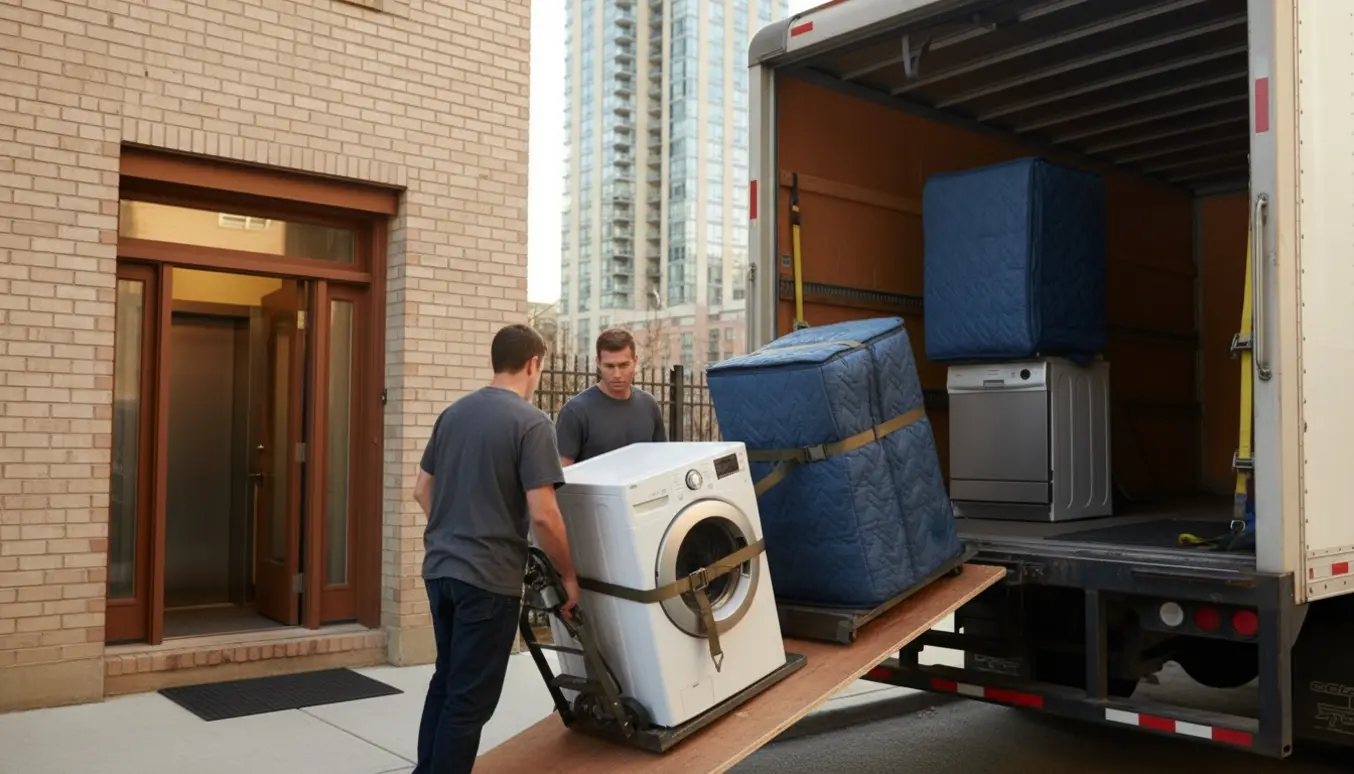 Flyttefolk bærer vaskemaskine og tørretumbler ind i et nyt rækkehus, klar til at blive stablet.