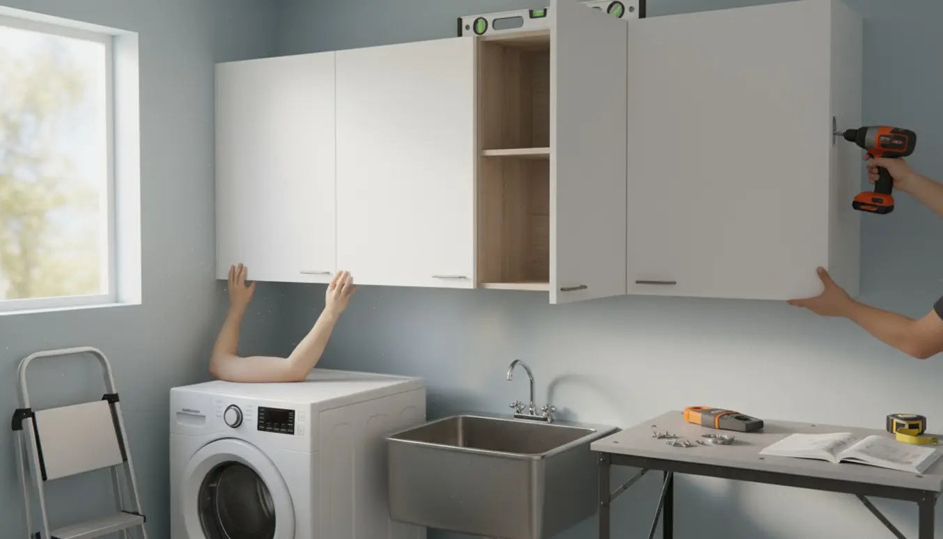 To brede og ét smalt overskab monteres på væg i bryggers med værktøj og hænder synlige.