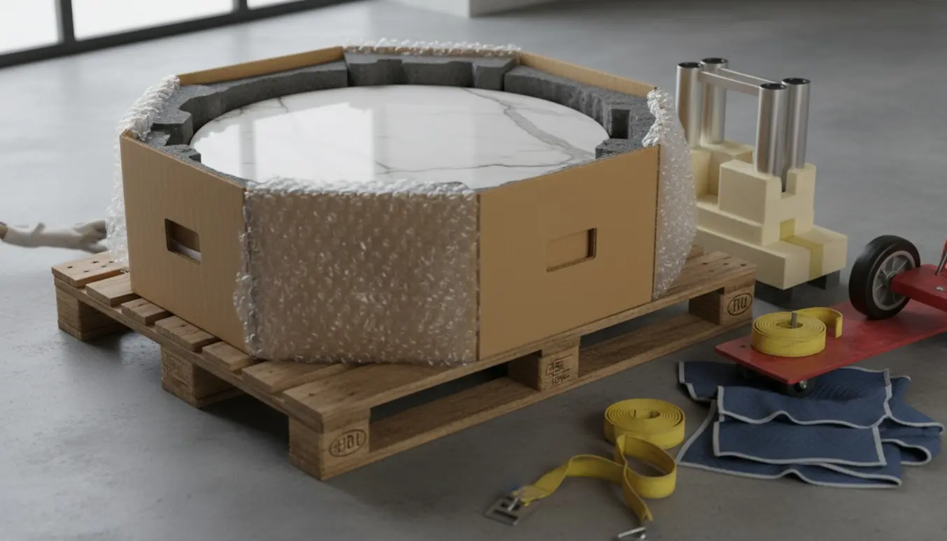 Pakke med en rund marmorbordplade og et indpakket aluminiumsstel klar til forsendelse.