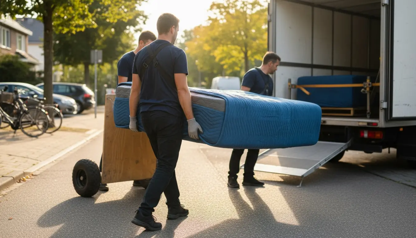 En seng på 160 cm bæres fra kantsten til kantsten af flyttefolk, pakket ind i flyttetæpper ved en åben flyttebil.