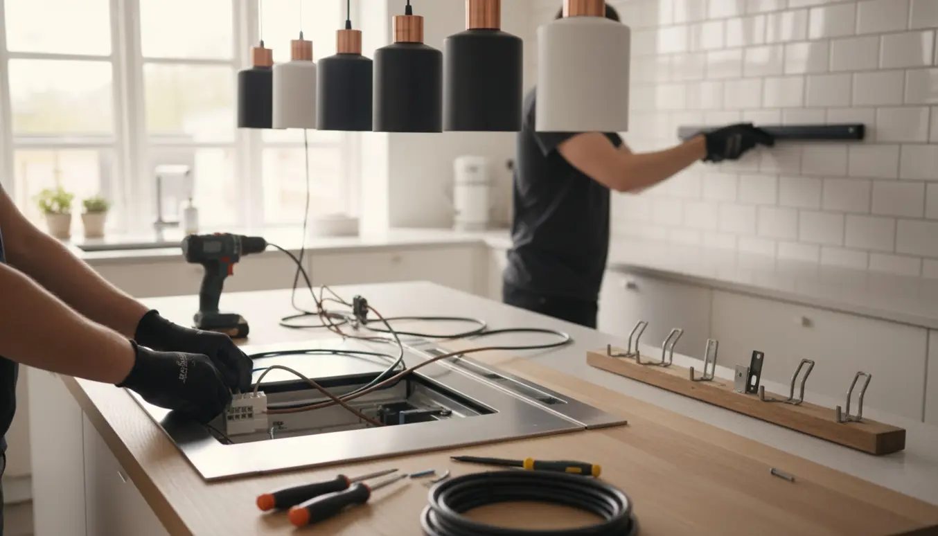 Hænder tilslutter en induktionskogeplade og monterer lamper, knivholder og knagerække i et moderne køkken.