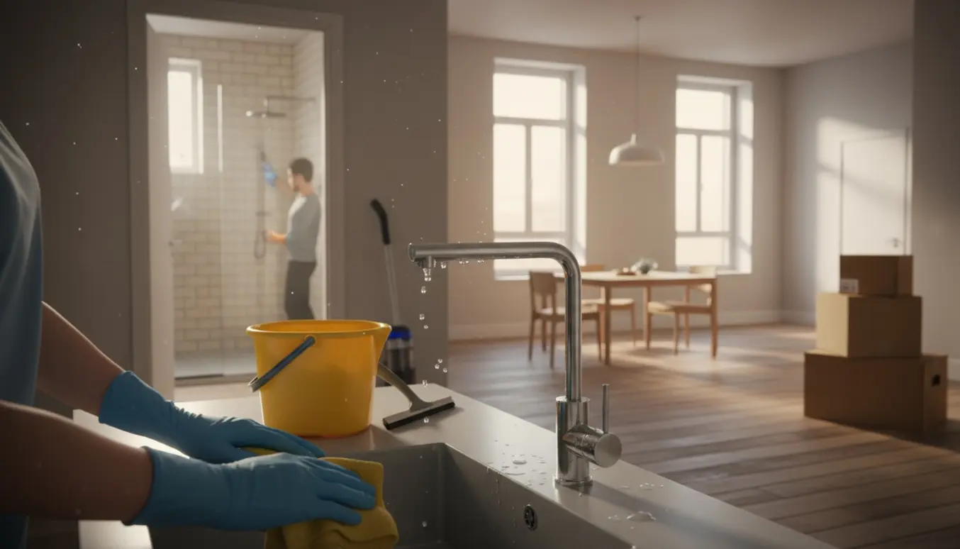 Handskerede hænder pudser en køkkenarmatur i en lys lejlighed med rengøringsudstyr under fraflytningsrengøring.