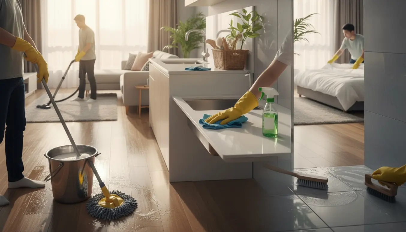 Hovedrengøring i et lyst hjem med hænder, der mopper gulv, tørrer køkkenbord og støvsuger stuen.