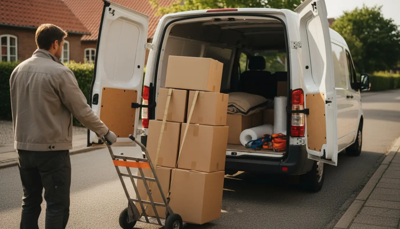 Otte flyttekasser bliver læsset i en varevogn ved en dansk villavej.