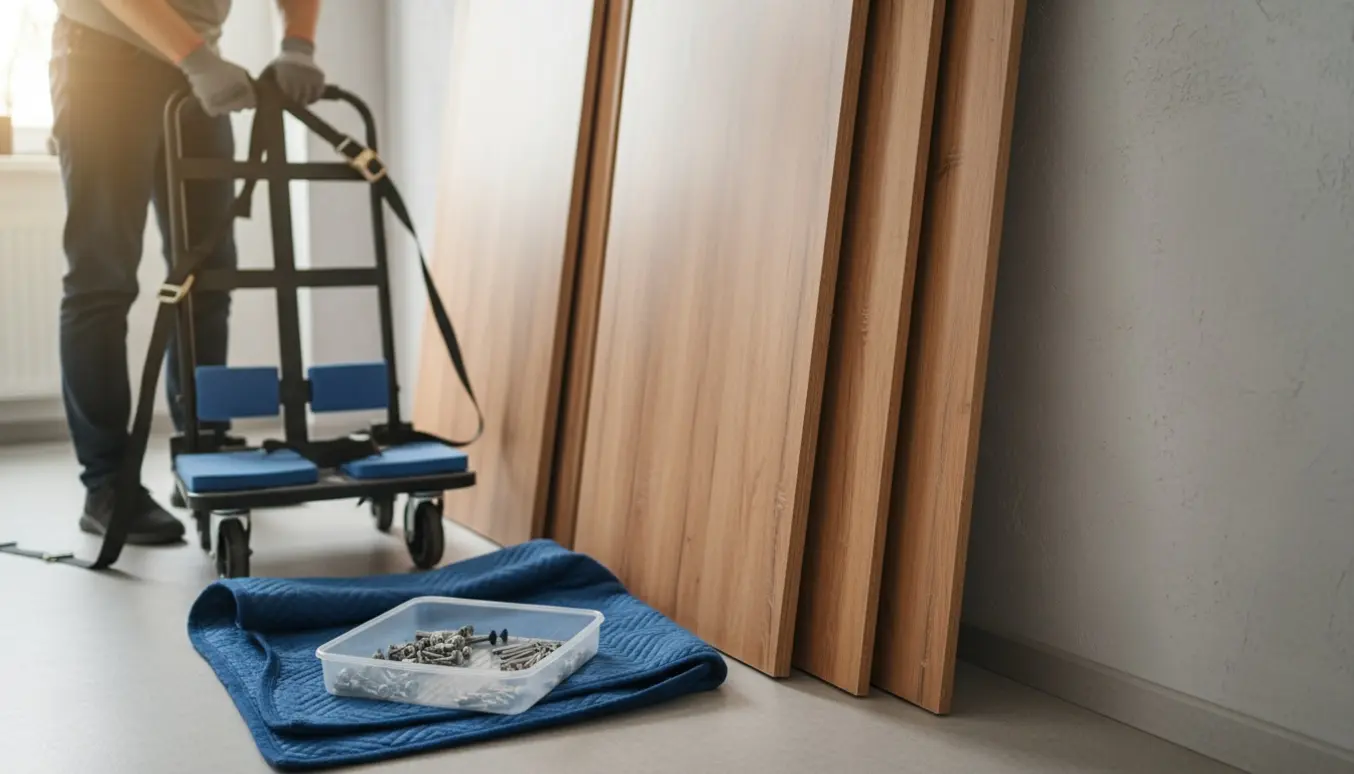 Udfoldede skabspaneler, værktøj og flytteudstyr klar til transport i en lys entré.