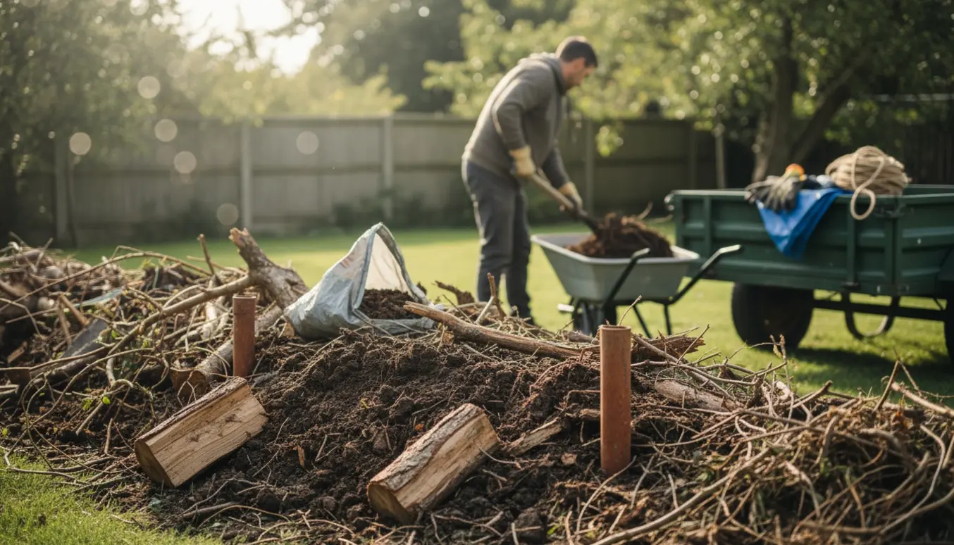 Haveaffaldsbunke med træ, muldjord, en revnet plastpose, kvas og jernrør ved en trailer, mens værktøj og handsker ligger klar.