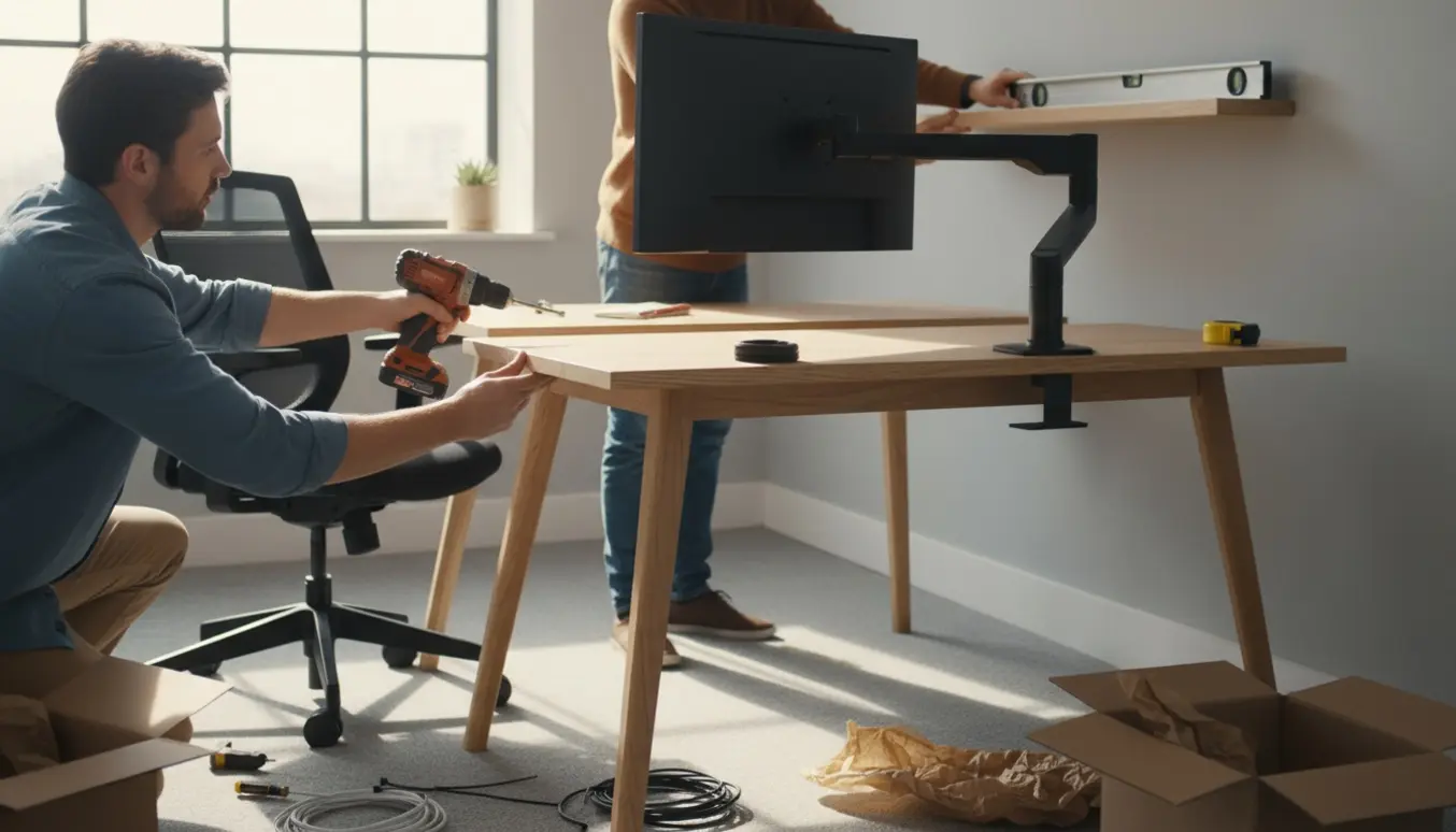 Hænder og værktøj opsætter møbler og udstyr i et lyst, moderne kontorlokale.