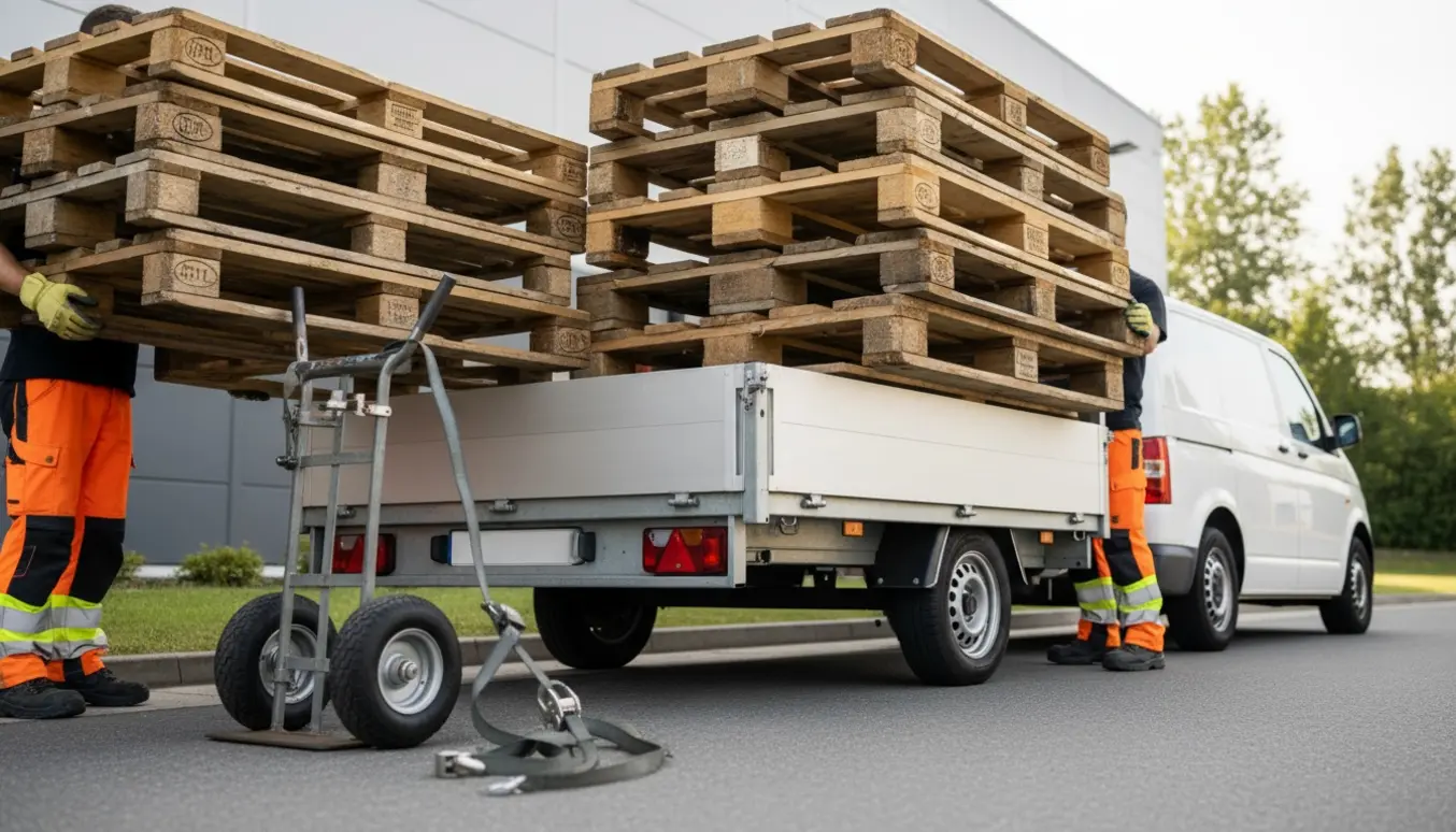 Store træpaller læsset på en trailer under afhentning, med arbejdshænder og løfteudstyr i fokus.