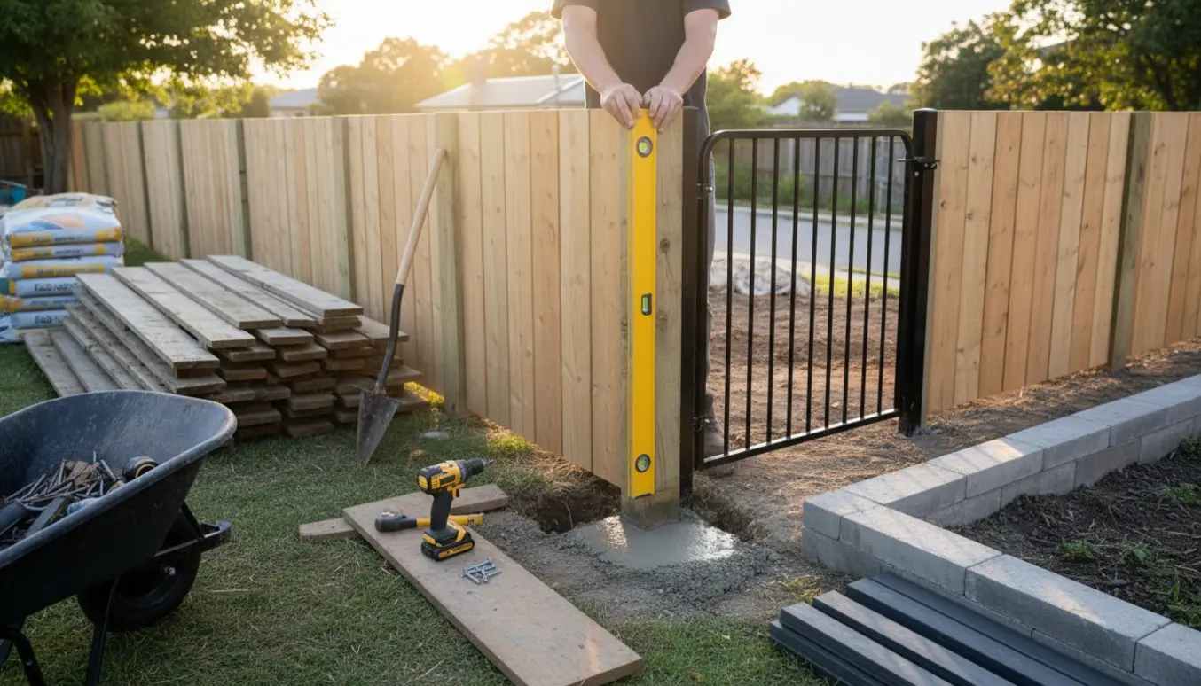Nye træstolper sættes i beton ved udskiftning af havehegn, med stablede gamle paneler og værktøj klar.