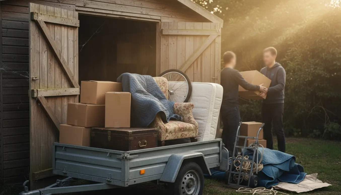 Rydning af et skur med møbler og kasser lastet på en enkelt trailer i morgenlys.