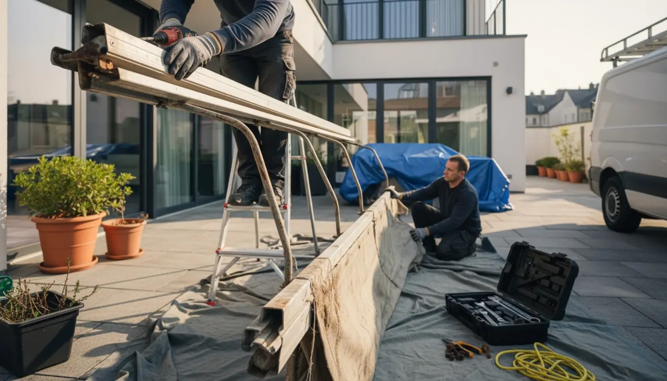Håndværkere tager en defekt markise ned fra en terrasse med stige, værktøj og rullet stof.
