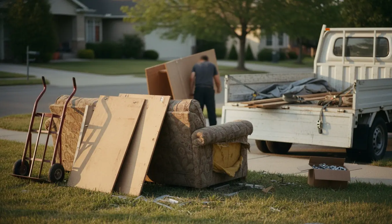 En gammel sofa og to nedtagne skabsplader læsses på en åben ladbil ved fortovet.