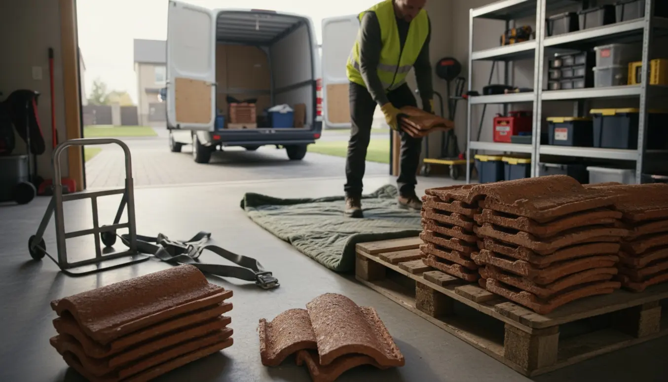 Tagsten læsses fra varebil og flyttes ind i en garage på indkørslen.