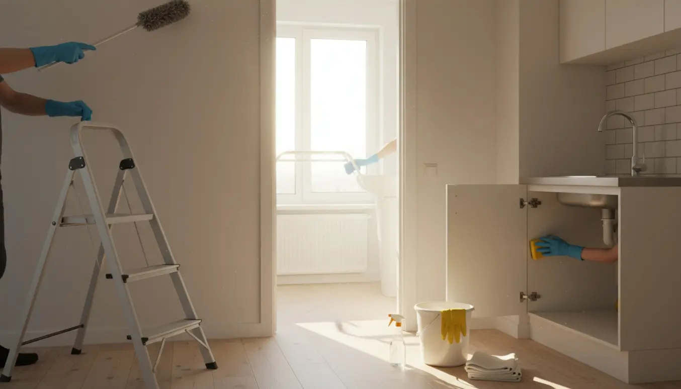 Glovede hænder børster spindelvæv i en tom fraflyttet lejlighed, mens køkkenvask og åbne skabe rengøres.