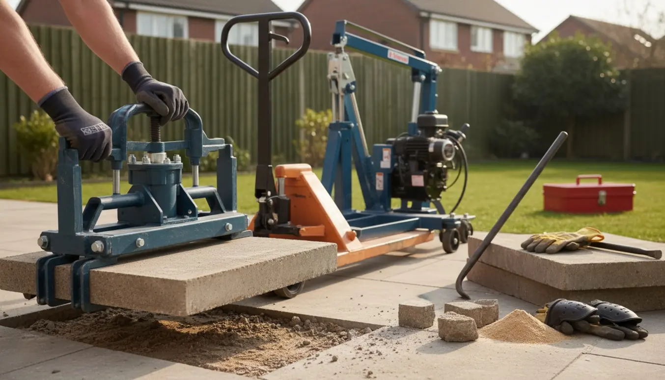 En håndværker fjerner en stor, tung flise med en løfteklo og palleløfter i en baghave.