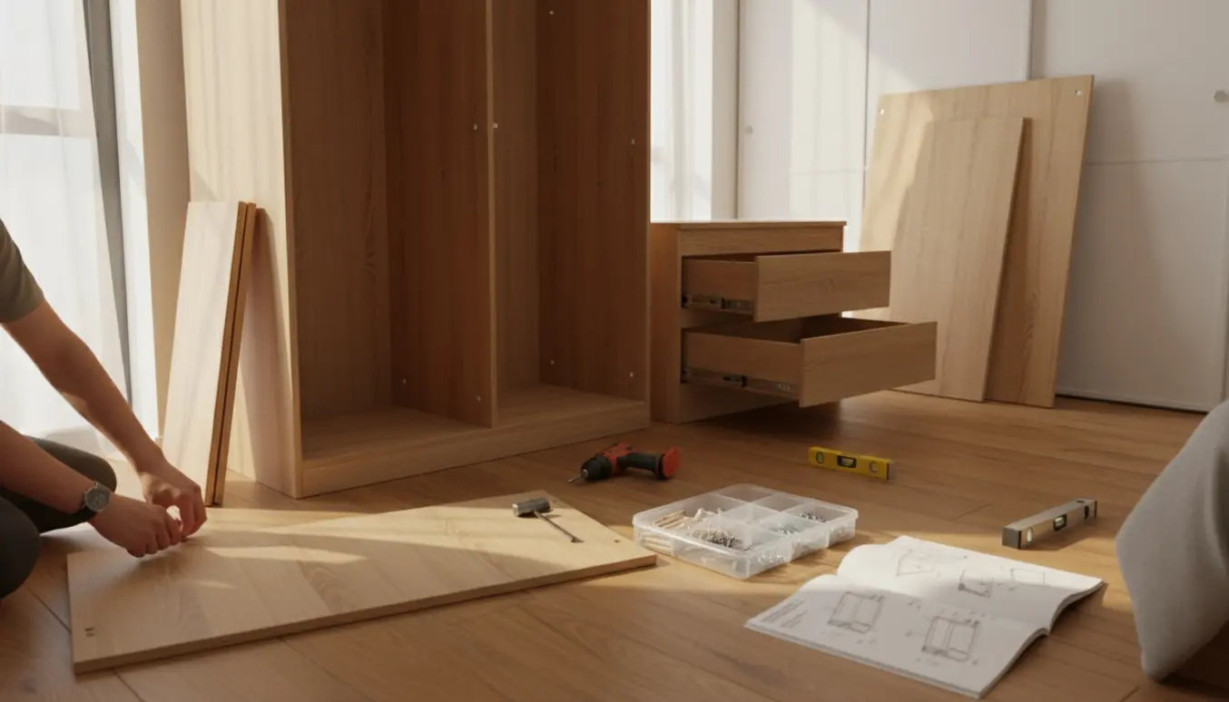 Nærbillede af samling af fladpakket garderobeskab og kommode med værktøj og hænder uden synlige ansigter.