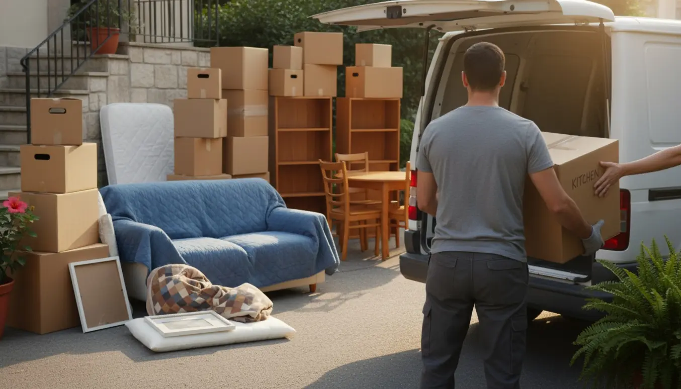 En enkelt flyttemand løfter en flyttekasse ind i en privat varevogn foran en lejlighed, omgivet af møbler og stabler af kasser.