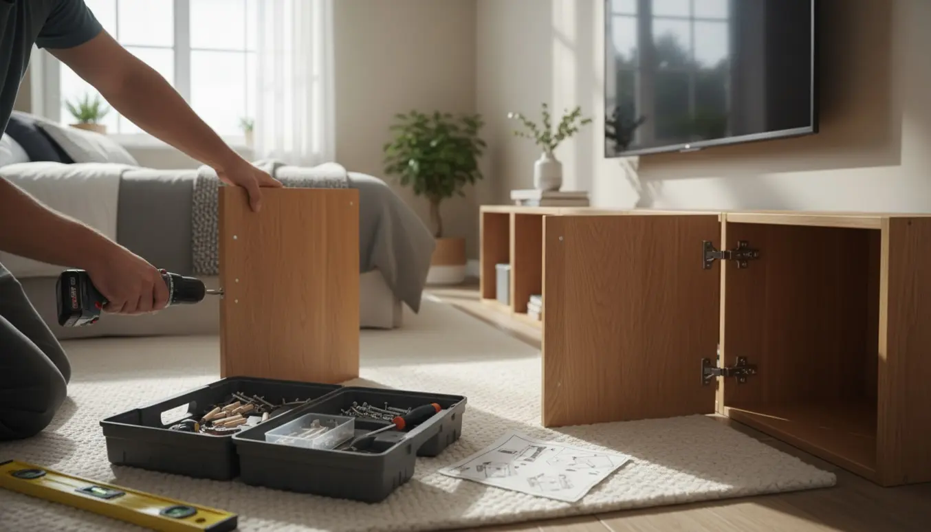 Nærbillede af montering af små skabe under et vægmonteret tv i et lyst soveværelse.