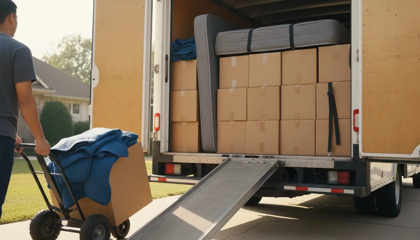 Åben flyttebil på indkørsel med en seng og cirka femten små papkasser, mens hænder læsser kasser — ansigter ikke synlige.