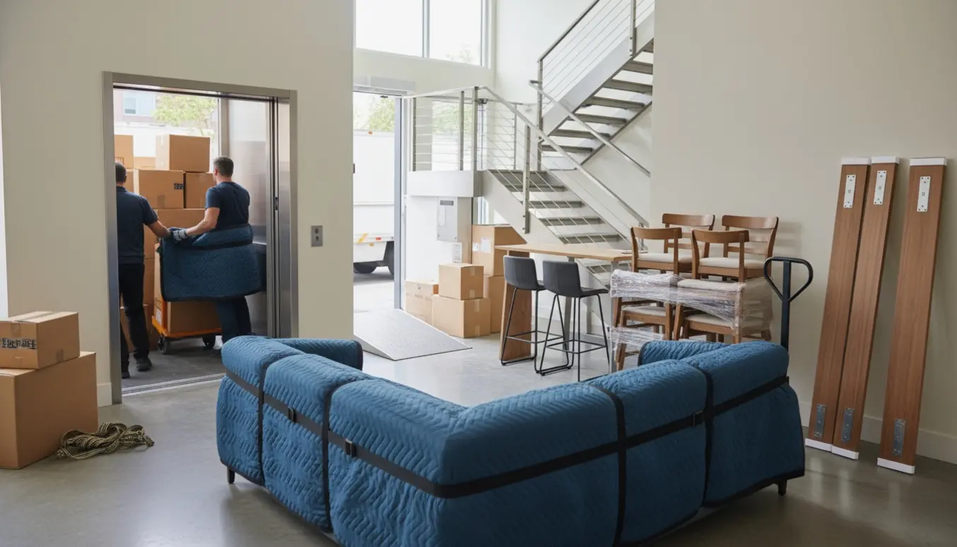 Flyttefolk læsser flyttekasser og indpakkede møbler i elevator ved en lejlighedsindgang.