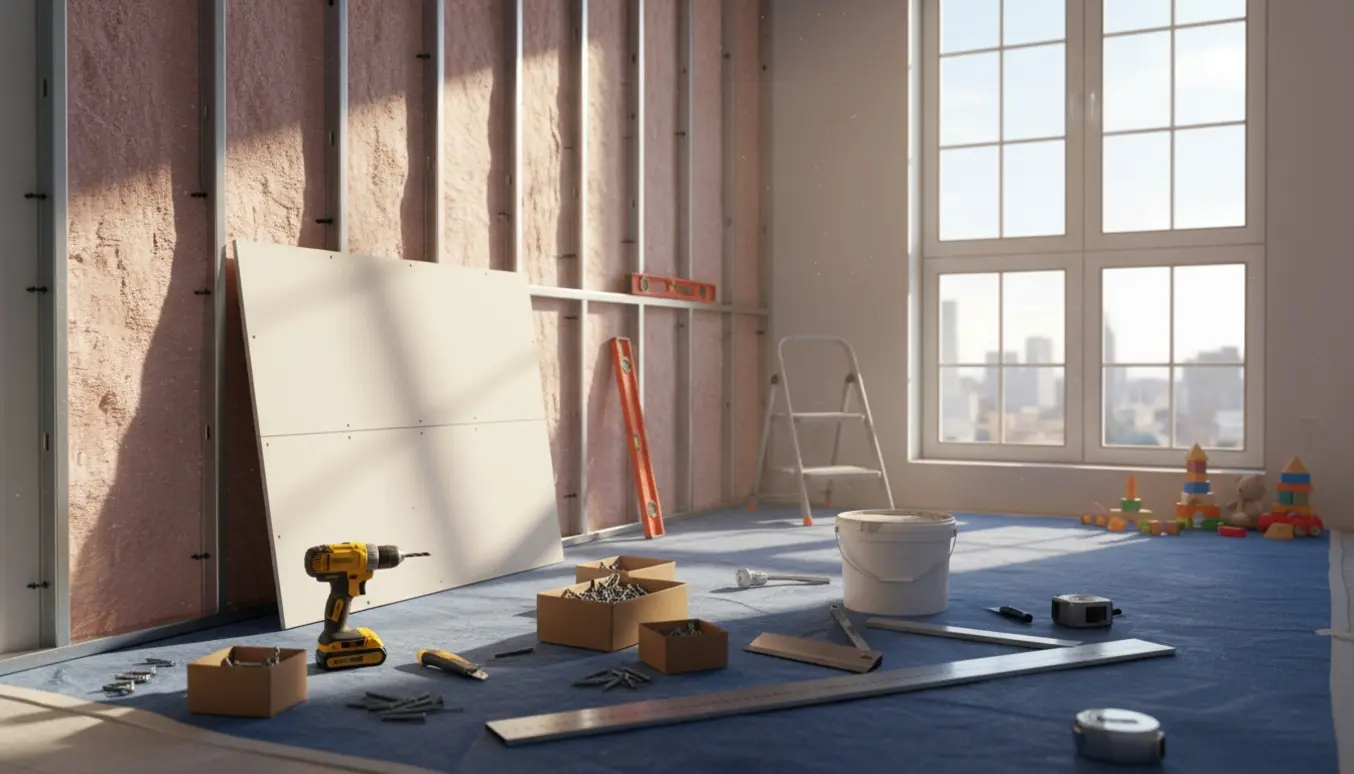 Delvist opført to-lags gips skillevæg med 70 mm isolering i et børneværelse, værktøj og materialer i forgrunden.