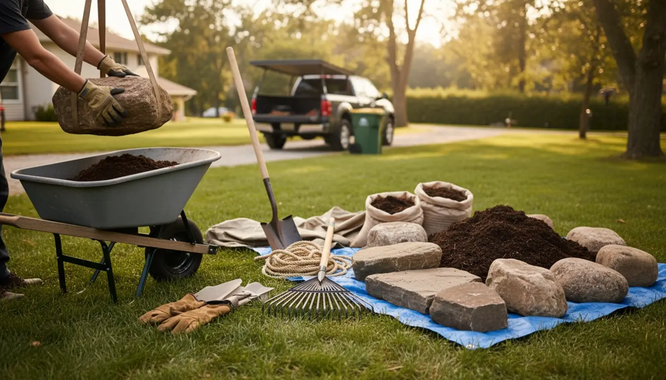 Trillebør med havejord og store sten ved siden af sække med jord og arbejdsværktøj i en solbeskinnet baghave.