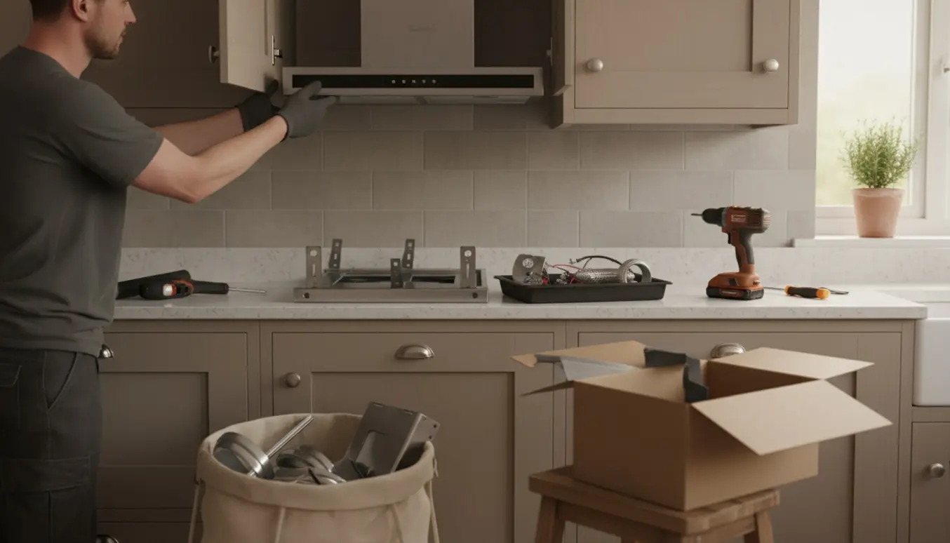 Montering af skabsintegreret emhætte i et lyst køkken, hænder på værktøj og afmonteret emhætte på bordet.