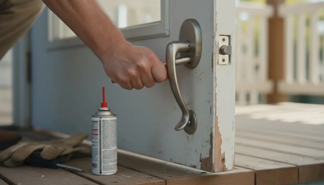 Nærbillede af en hånd, der forsøger at vippe et stift dørhåndtag op på en hoveddør, med smøremiddel og værktøj ved siden af.
