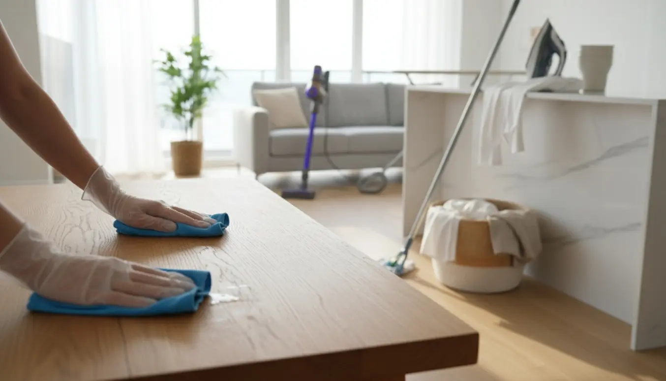 Lys moderne lejlighed under rengøring med hænder, der tørrer et bord, og vasketøj i en kurv.