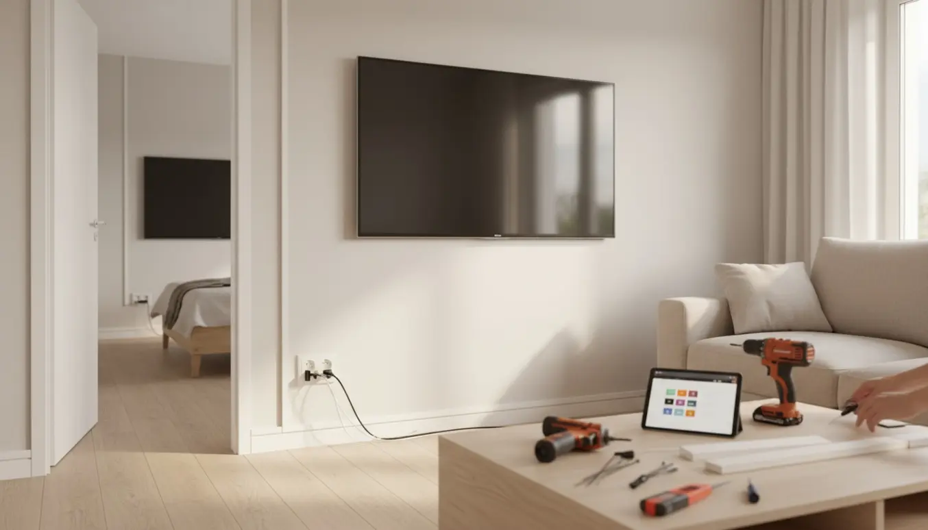 Hænder skjuler tv-ledninger og monterer kabelskjuler ved vægmonteret tv i en lys, moderne stue.