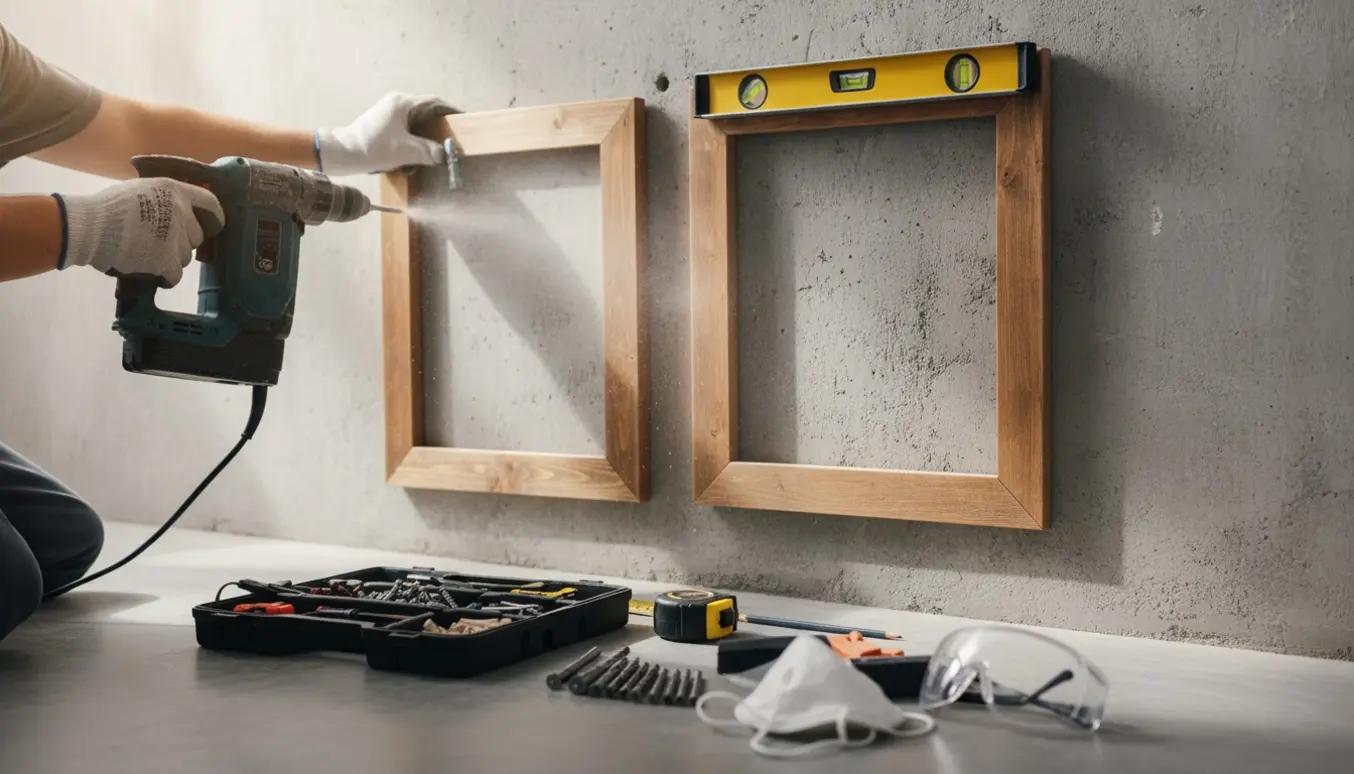 Nærbillede af hænder, der bruger en slagboremaskine til at hænge billeder på en betonvæg.