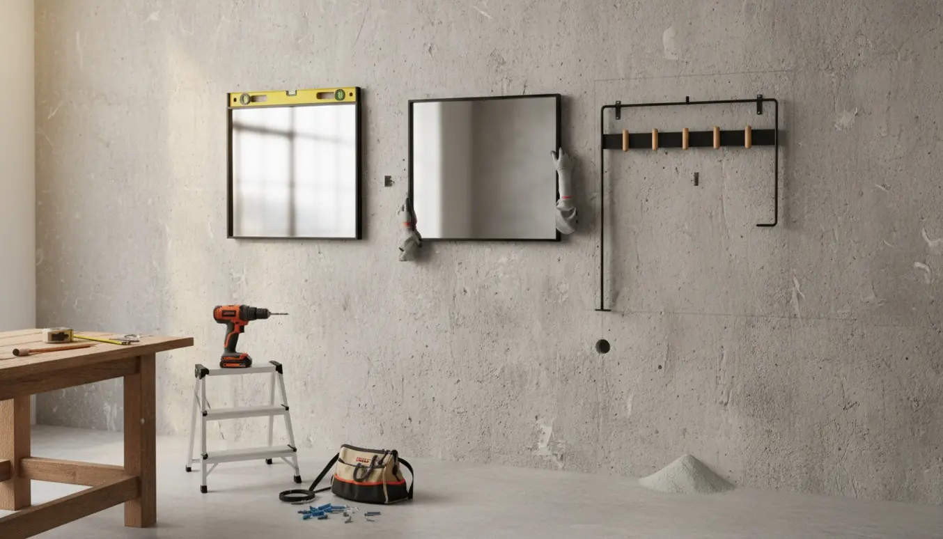 To spejle og en knagerække monteres på en betonvæg med boremaskine, rawlplugs og værktøj.