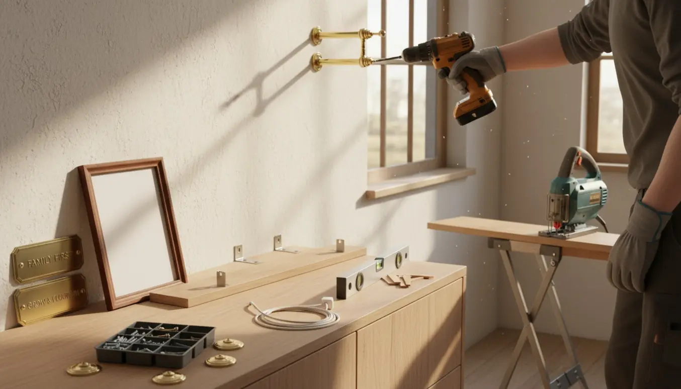 Hænder monterer en dobbeltgardinstang og forbereder ophæng af tavler, billede og hylde i et lyst hjørne.