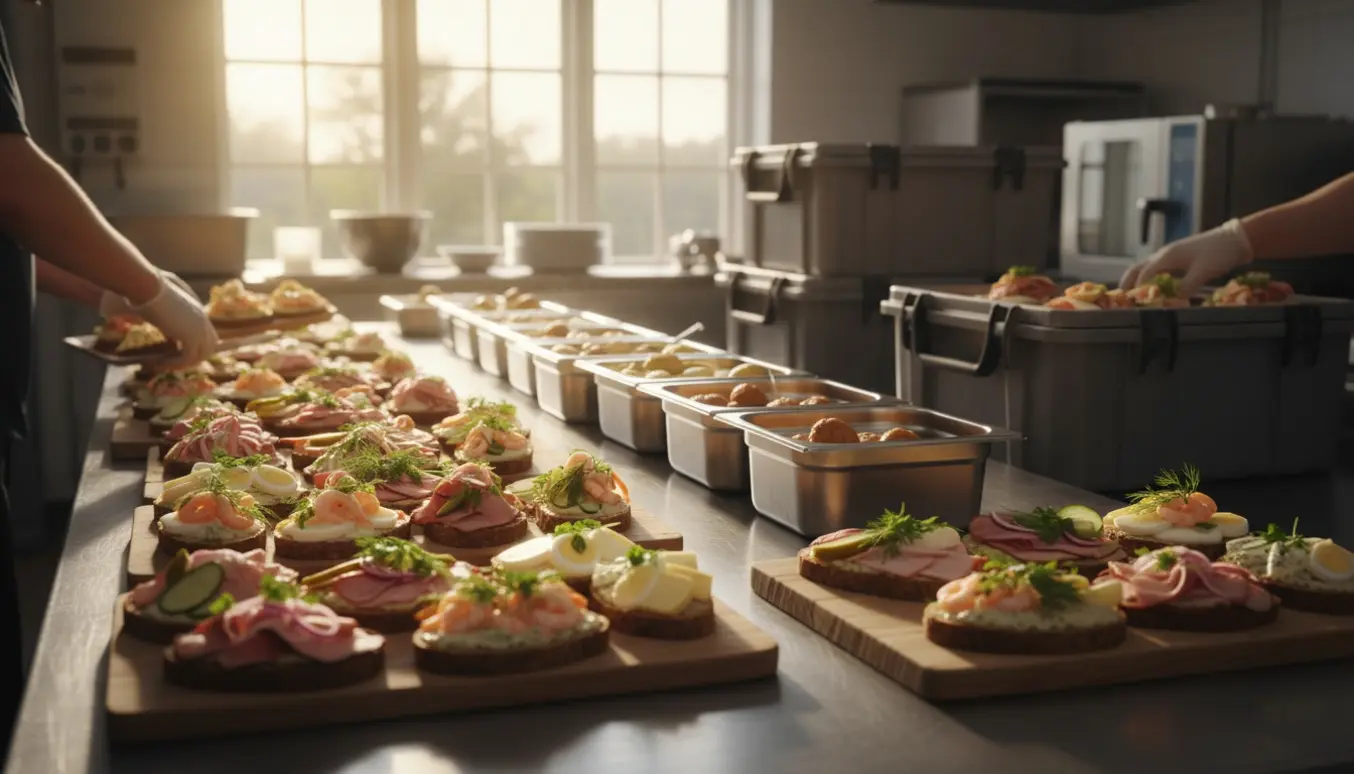 Færdigpakkede nattmadsbakker og fingre, der ordner garniture i et lyst professionelt køkken klar til levering.