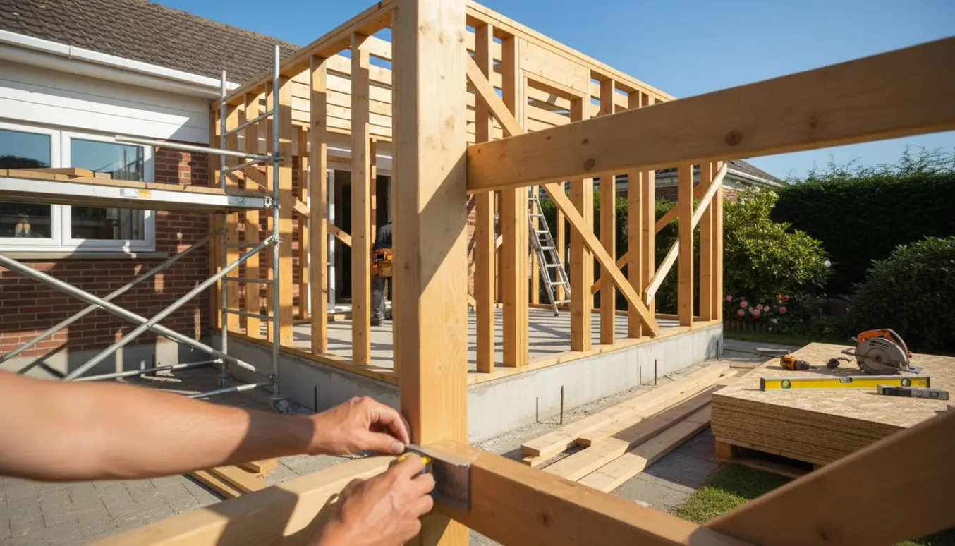 Træskelet til tilbygning til bungalow med værktøj og byggematerialer på en ryddet byggeplads.