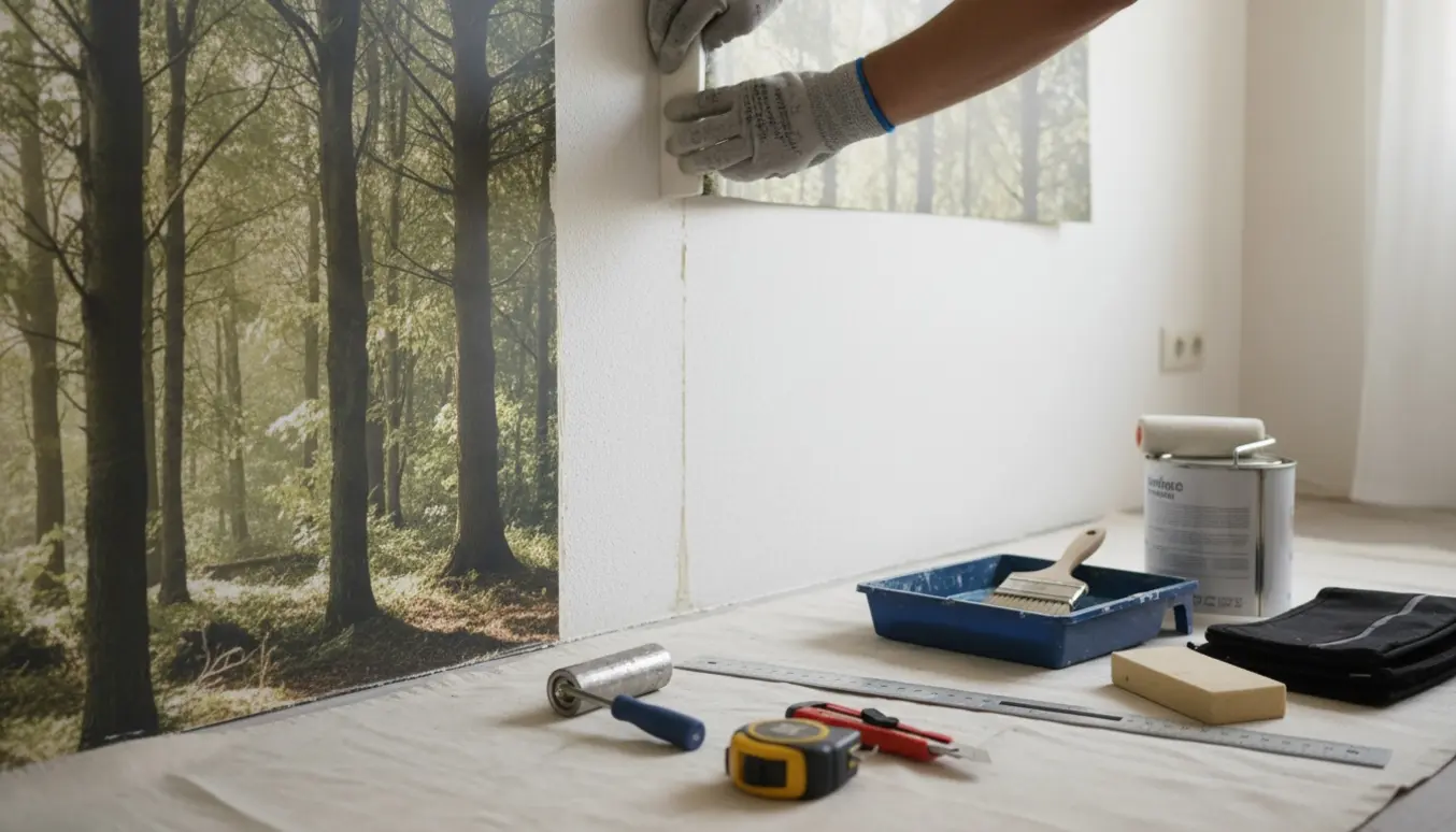Nærbillede af opsætning af fototapet på en gipsvæg med værktøj og hænder, der glatter samlingerne.