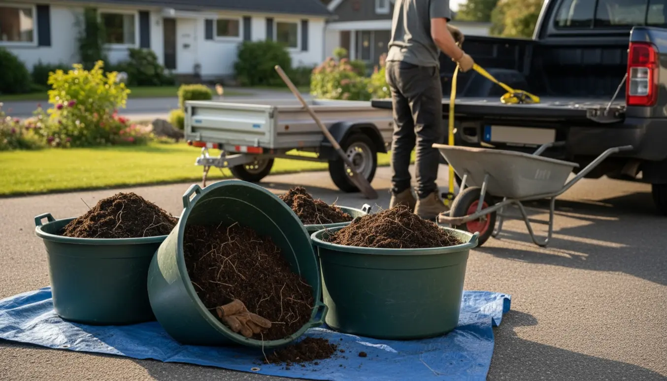 Tre store murerbaljer fyldt med jord ved en pickup klar til at blive kørt væk.