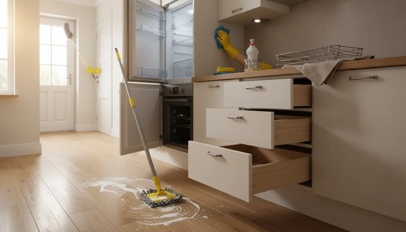 Hånd i gummihandske pudser åbent køkkenskab, med ovn- og køleskabsdele, moppe og paneler i entréen synlige.