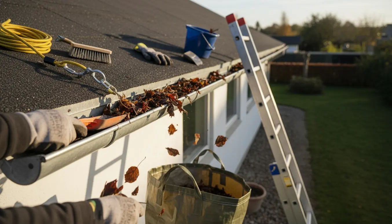 Hænder fjerner blade fra tagrende på et en-etagers hus med lav taghældning.