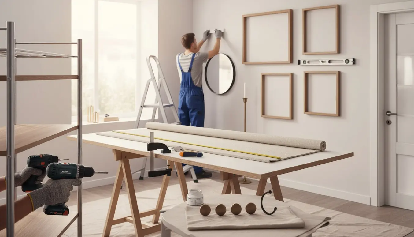 Hænder monterer rullegardiner og hænger billeder op i en lys stue med værktøj klar.