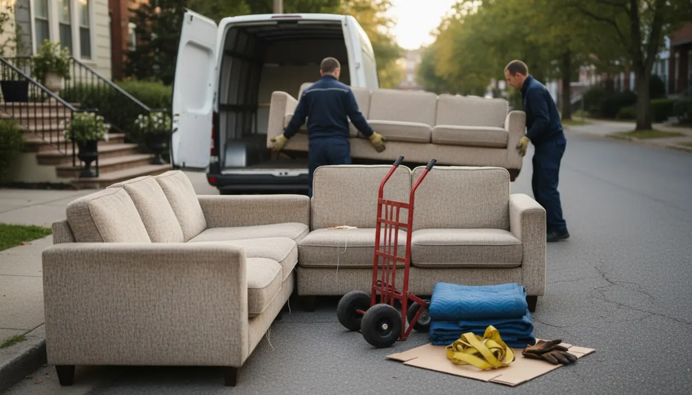 Tre sofaafsnit (to 90x160 cm og én 90x90 cm) lagt ved fortovet klar til afhentning.