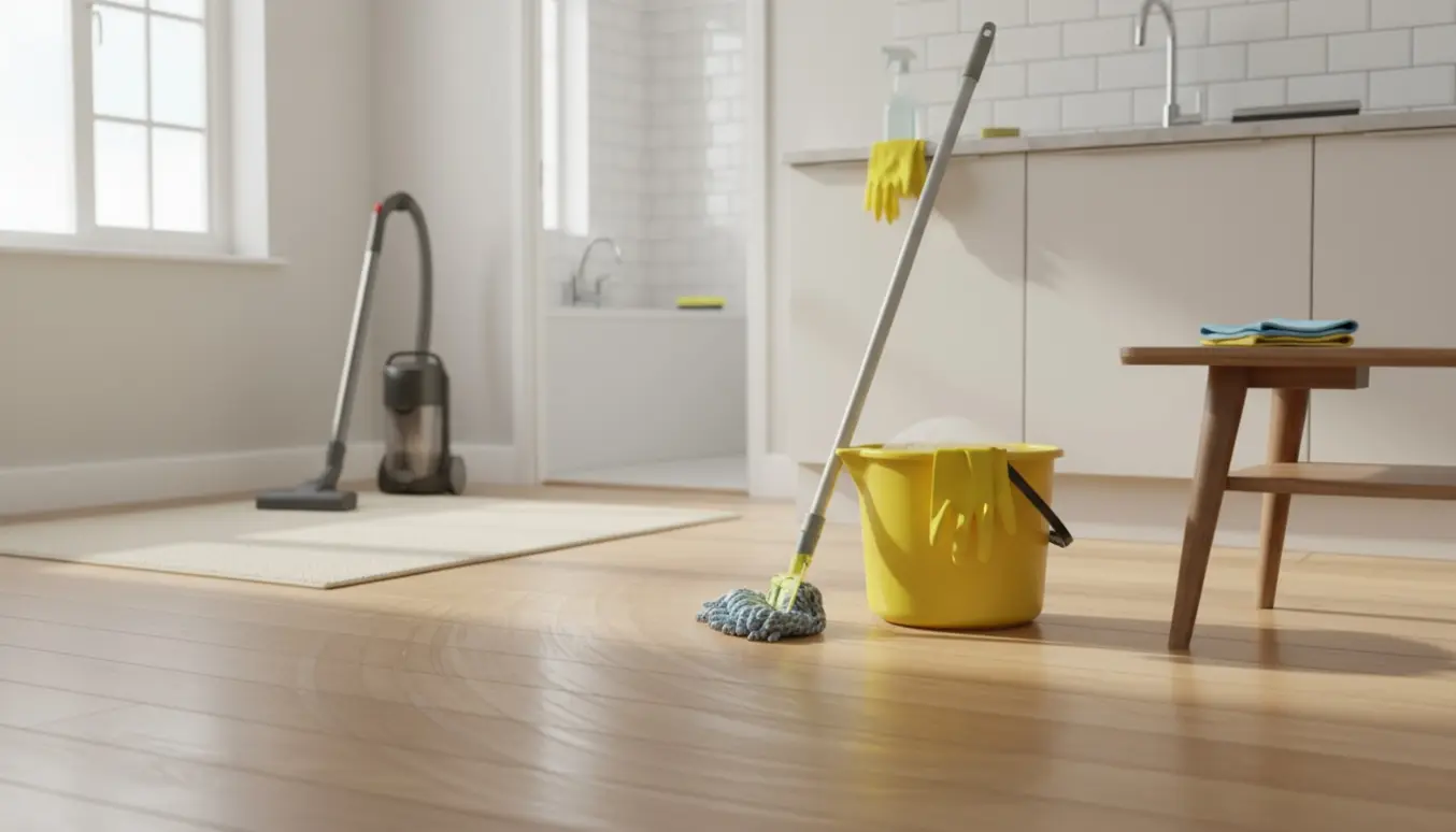 Lyst rækkehusinteriør med moppe, spand, støvsuger og klude klar til rengøring.