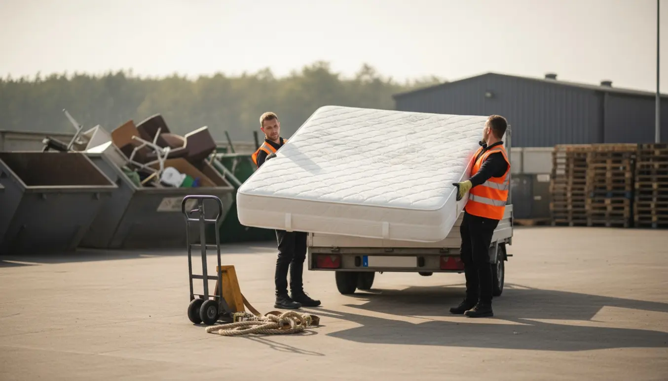 En stor madras på omkring 160 cm bæres og læsses ved en genbrugsstation af to personer med refleksveste.