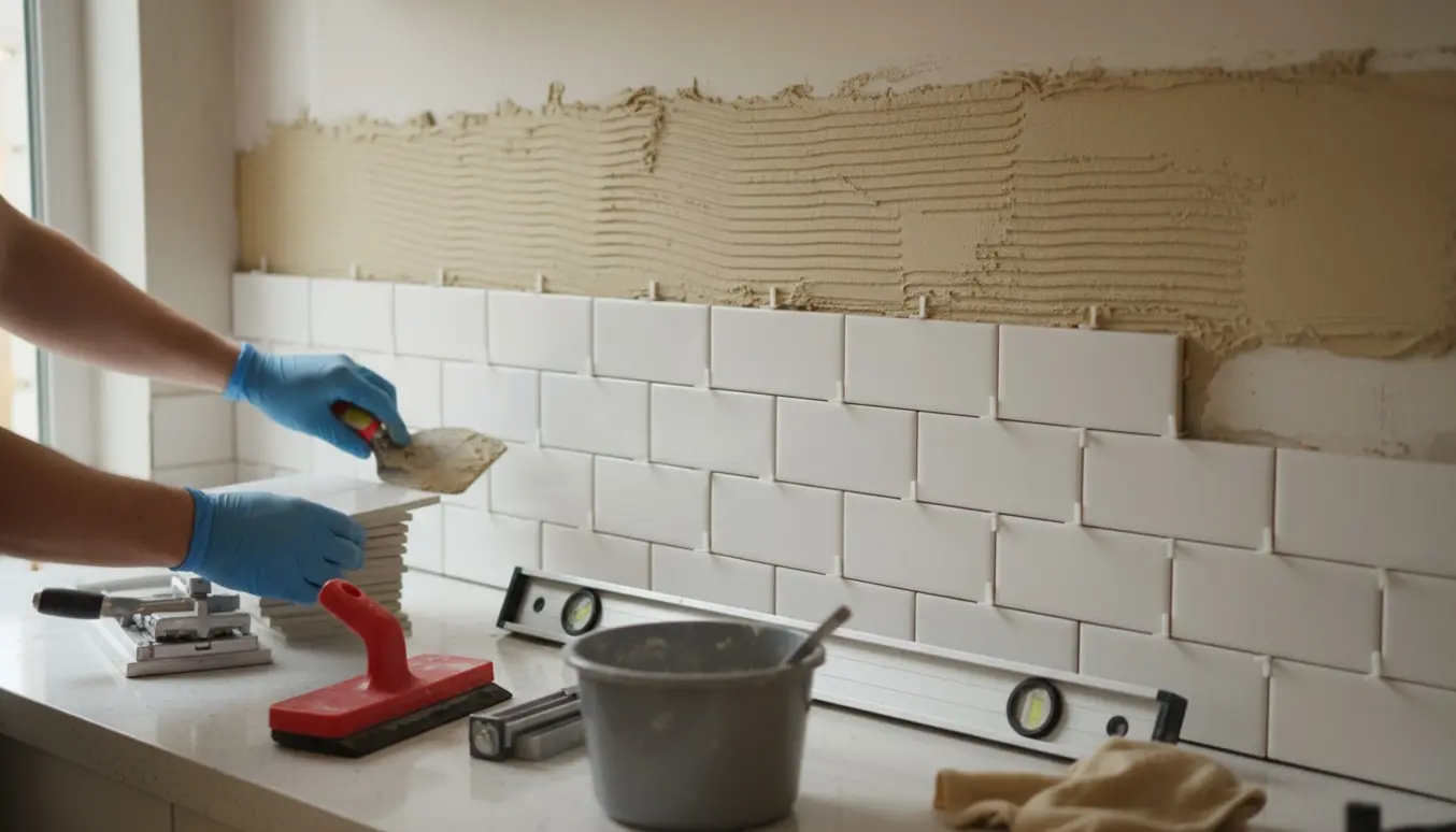 Nærbillede af hænder, der sætter fliser på en køkkenvæg over en bordplade med værktøj.